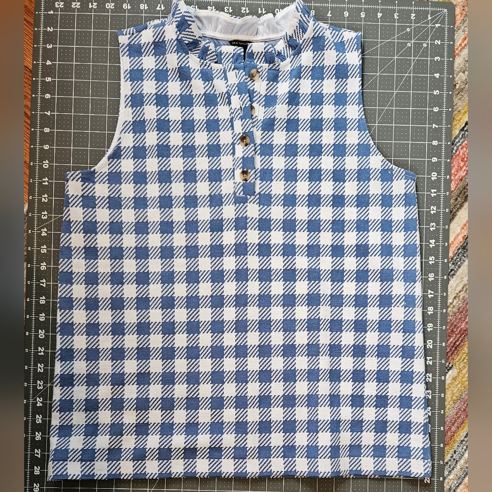 Ann Taylor Plaid Ruffle Neck Button Up Shell